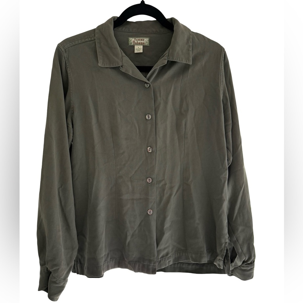 Tommy Bahama Silk Blouse Olive Green Button Front Size S Resort Style